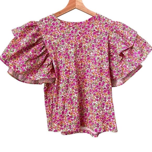 NEW Zara Floral Contrast Ruffle Short Sleeve Tee Shirt Top in Size Small - Picture 2 of 8